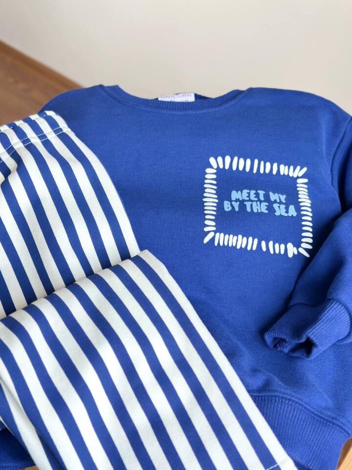 Sea Baskılı 3 İplik Şardonsuz Erkek Eşofman Takım 2-3 Yaş - Lacivert