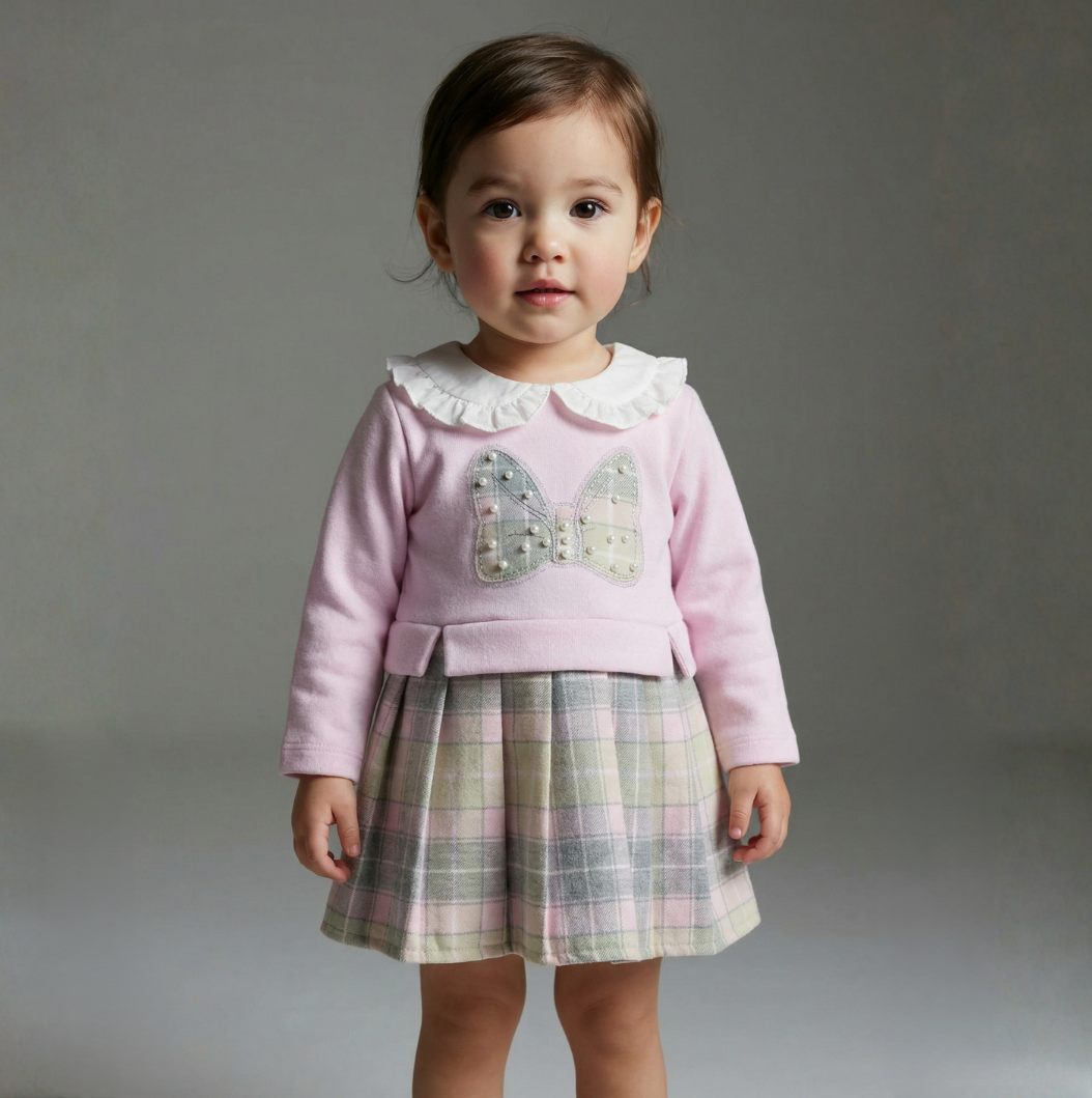 Pileli Ekose Bebe Yaka İncili Elbise