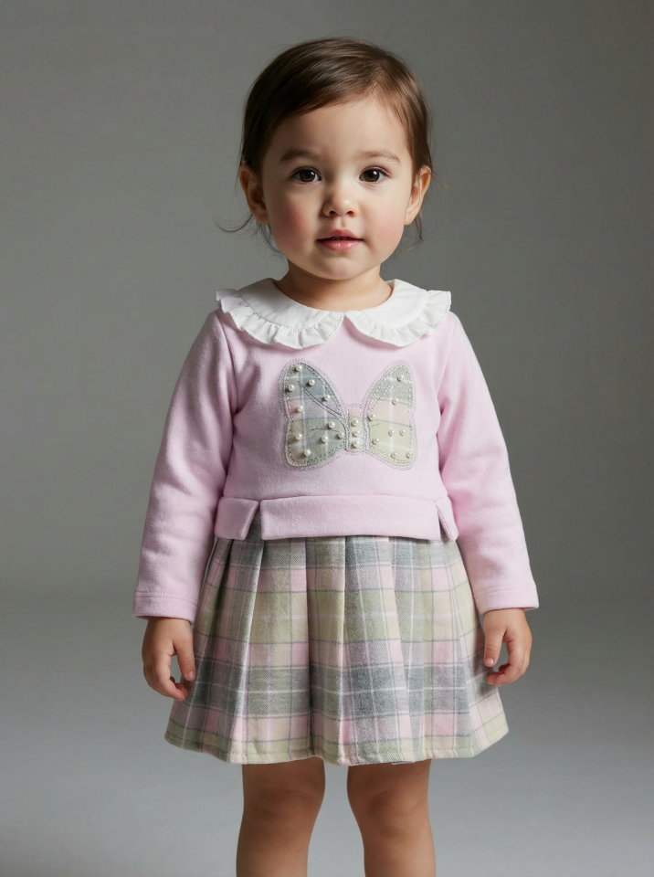 6485 K. Pileli Ekose Bebe Yaka İncili Elbise