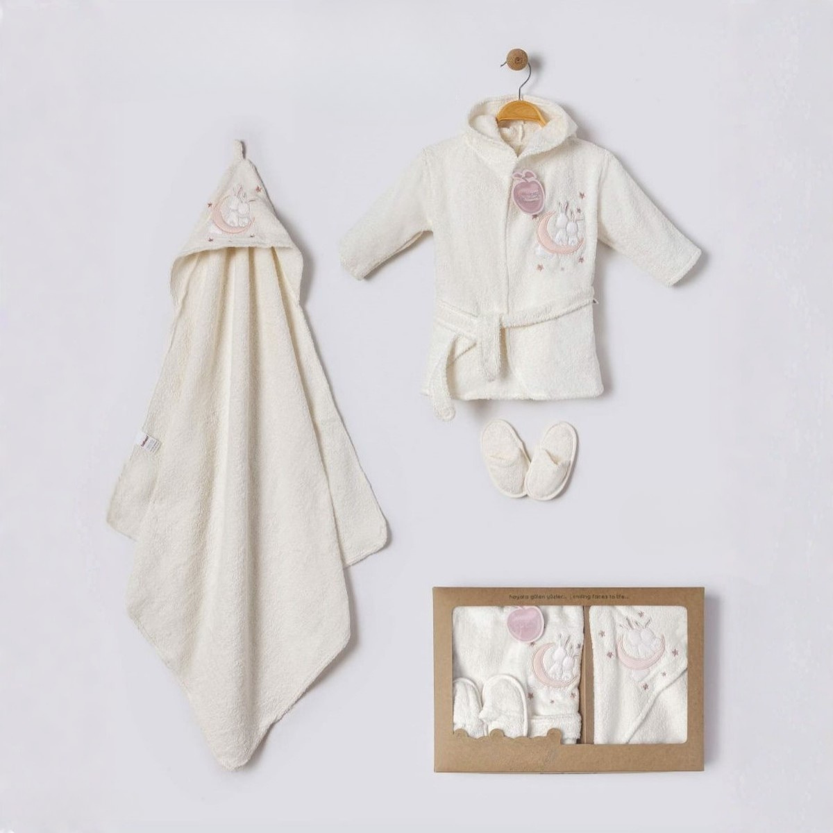 Bebek Bornoz Havlu 3\'lü Set Ekru