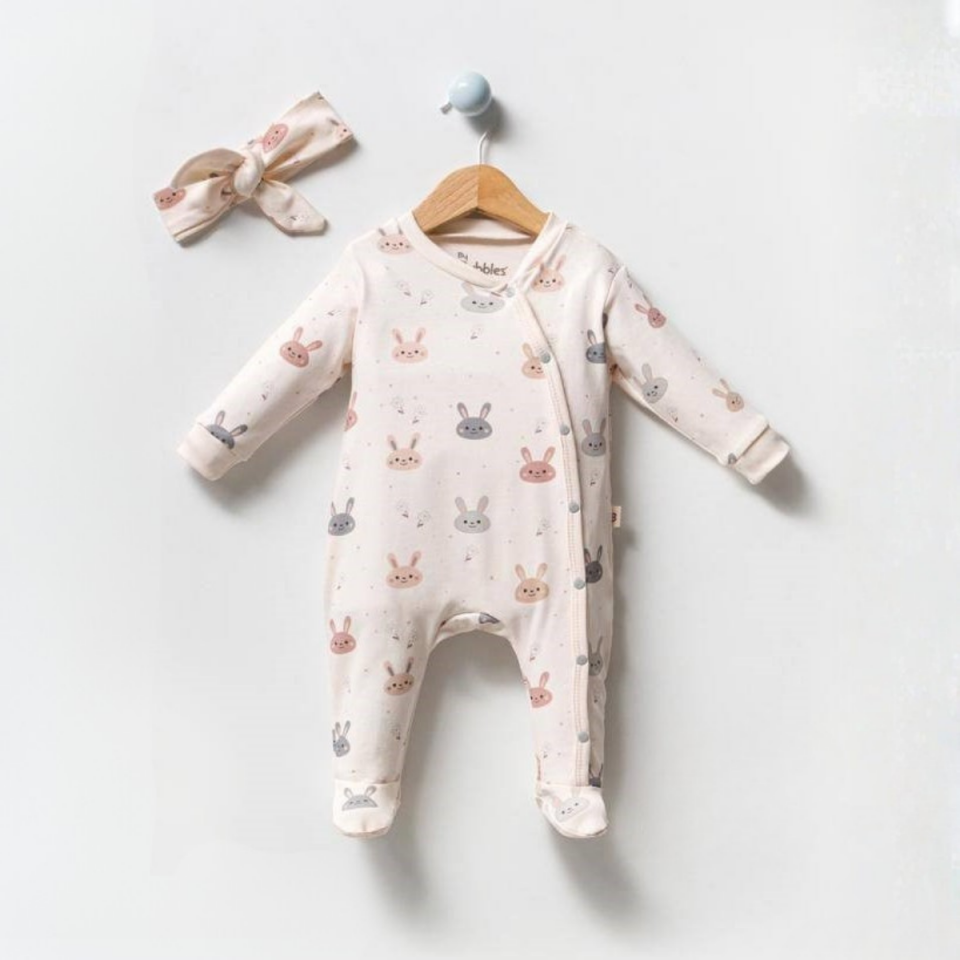 Bunny Pamuklu Kız Bebe Patikli Tulum 3-6 Ay - Ekru