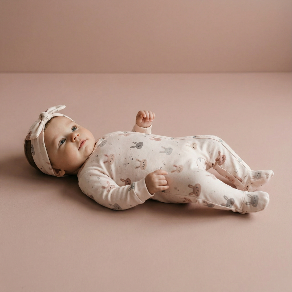 Bunny Pamuklu Kız Bebe Patikli Tulum 3-6 Ay - Ekru