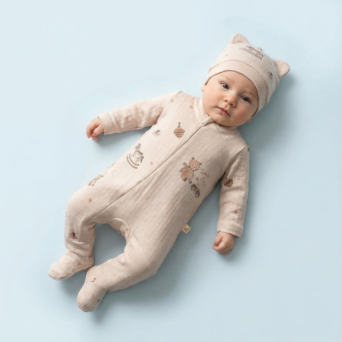 Teddy Dream Pamuklu Erkek Bebek Tulum & Şapka Seti 0-3 Ay - Bej