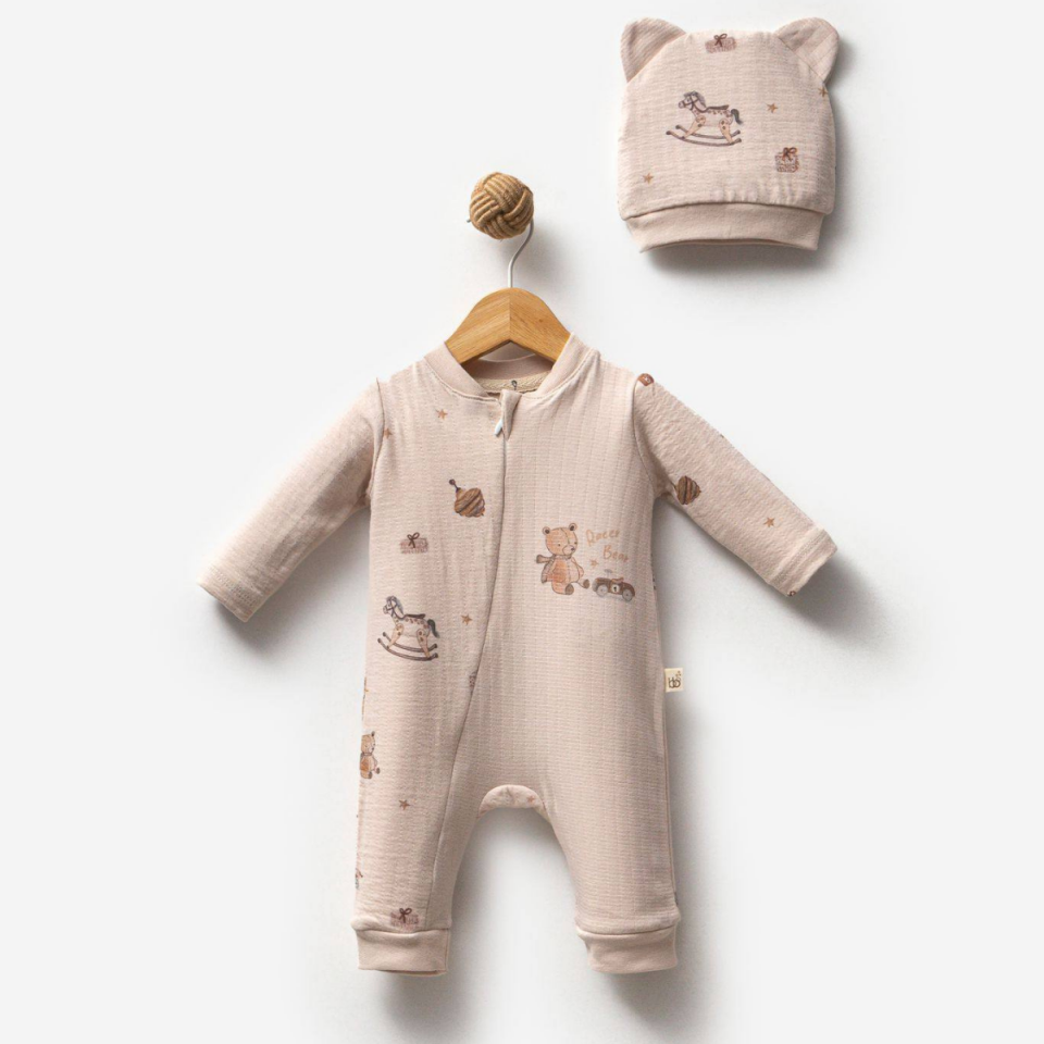 Teddy Dream Pamuklu Erkek Bebek Tulum & Şapka Seti 6-9 Ay - Bej