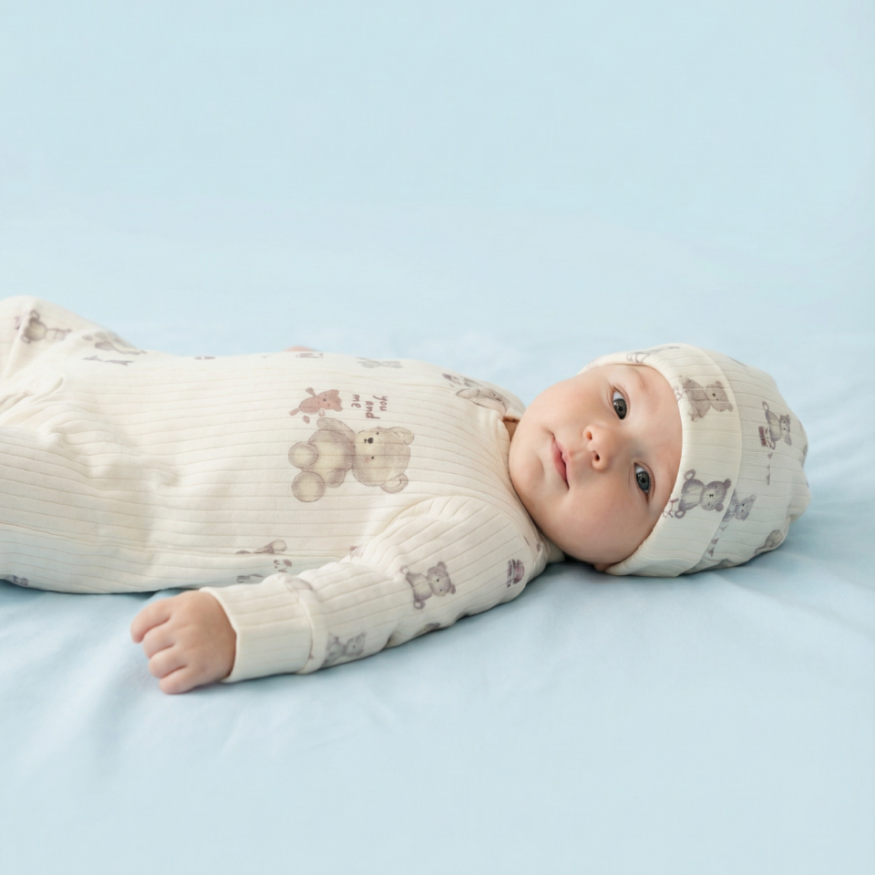 Little Bear Rib Pamuklu Bebek Tulum&Bere Takım 3-6 Ay - Ekru