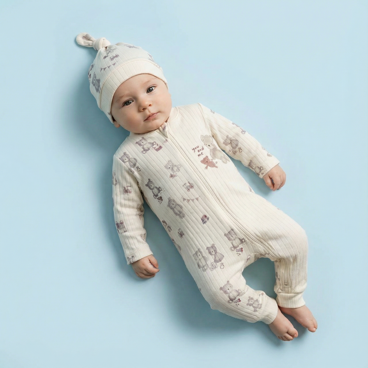 Little Bear Rib Pamuklu Bebek Tulum&Bere Takım 3-6 Ay - Ekru