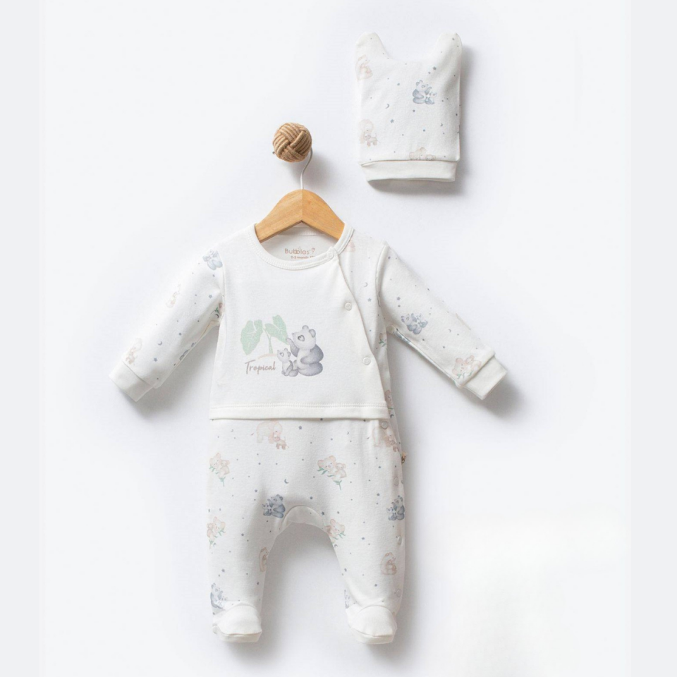 Tropical Bear Pamuklu Bebek Tulum & Şapka Ekru - 3-6 Ay