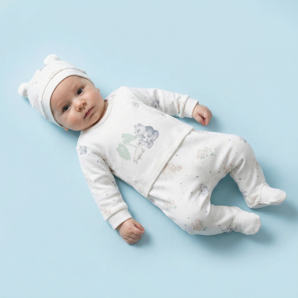Tropical Bear Pamuklu Bebek Tulum & Şapka Ekru - 3-6 Ay