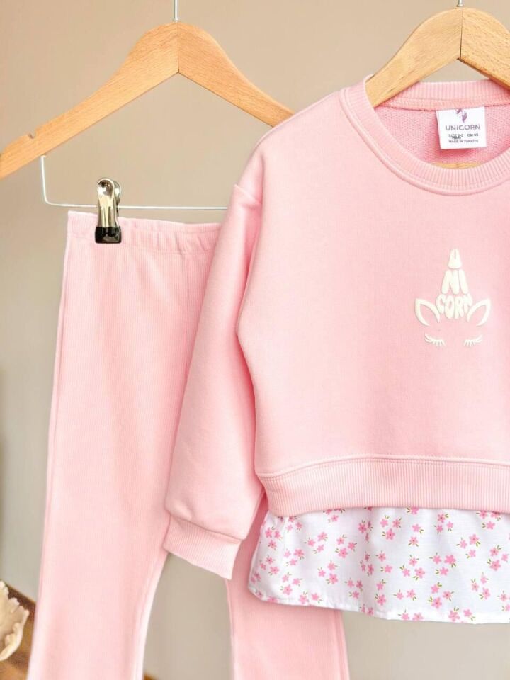 Unicorn  Baskılı 3 İplik Şardonsuz Kız Eşofman Takım 2-3 Yaş - Pembe