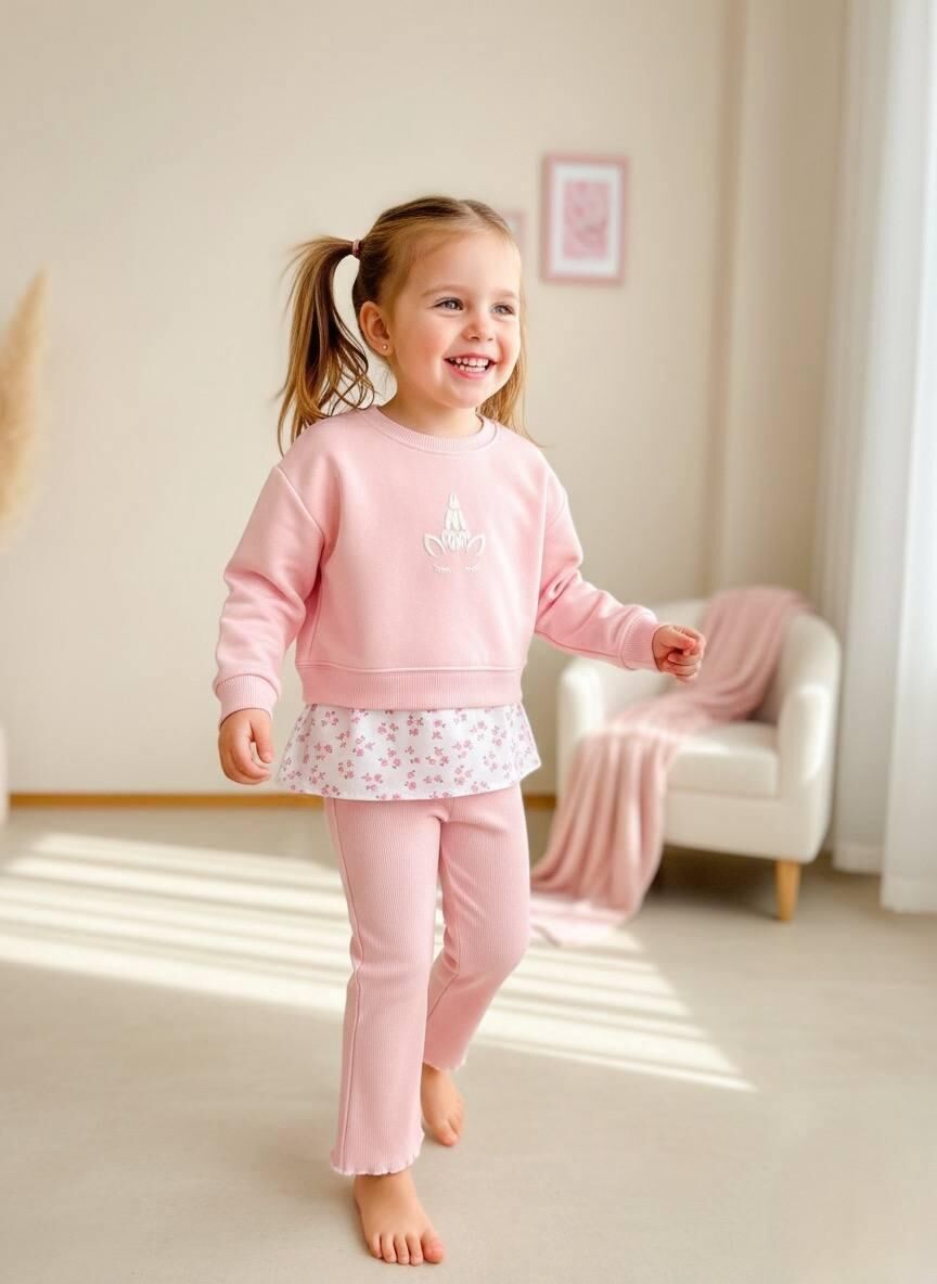 Unicorn  Baskılı 3 İplik Şardonsuz Kız Eşofman Takım 4-5 Yaş - Pembe