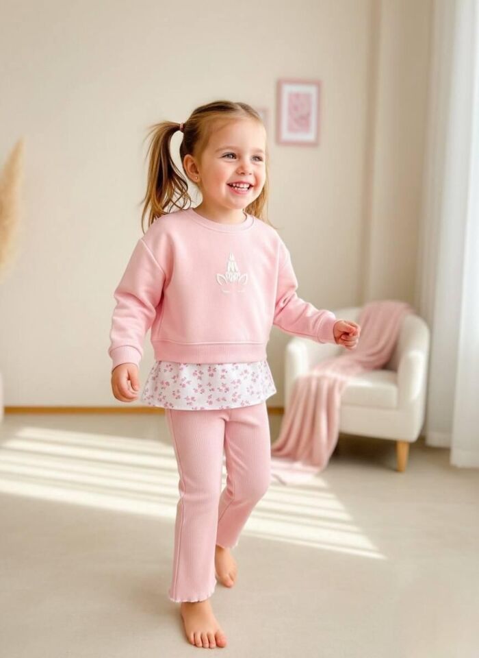 Unicorn  Baskılı 3 İplik Şardonsuz Kız Eşofman Takım 5-6 Yaş - Pembe