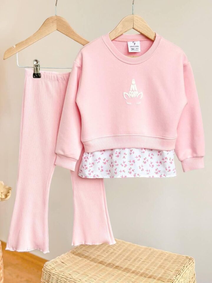 Unicorn  Baskılı 3 İplik Şardonsuz Kız Eşofman Takım 5-6 Yaş - Pembe