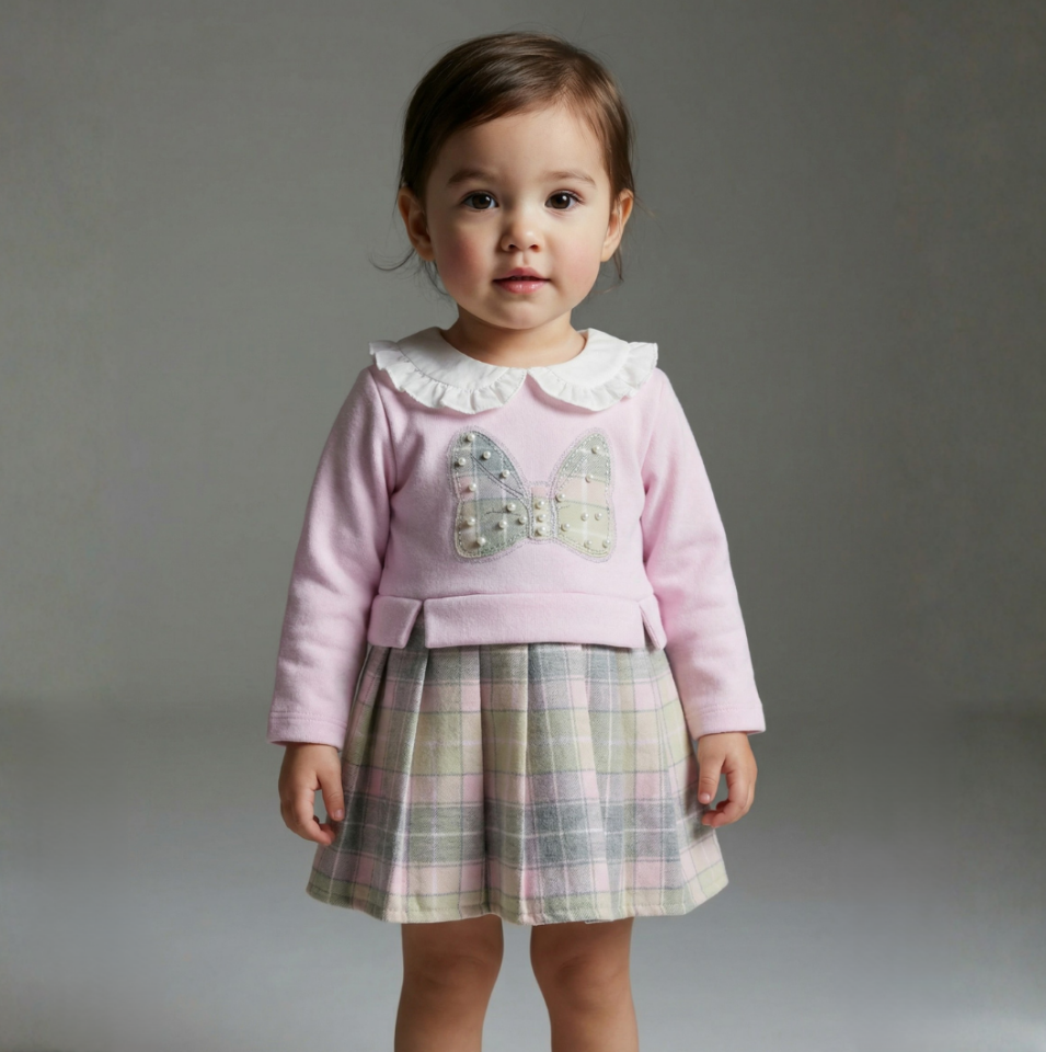 Pileli Ekose Bebe Yaka İncili Elbise Pembe - 18 Ay