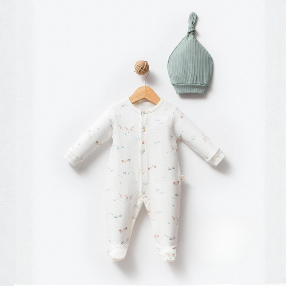 Hayvanat Bahçesi Pamuklu Bebek Tulum & Şapka