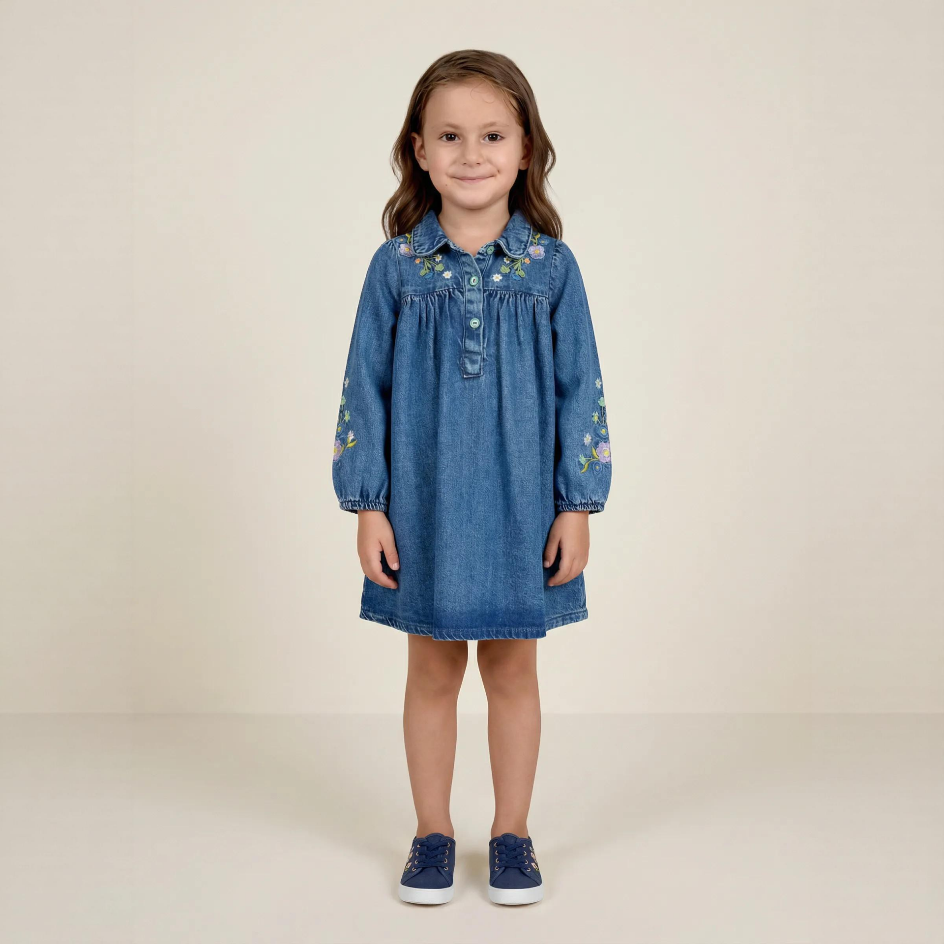 Çiçek Nakışlı Kot Kız Çocuk Elbisesi