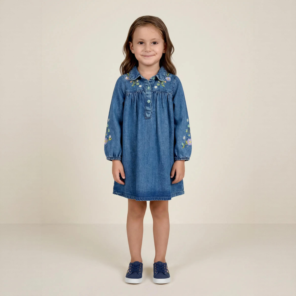 Çiçek Nakışlı Kot Kız Çocuk Elbisesi