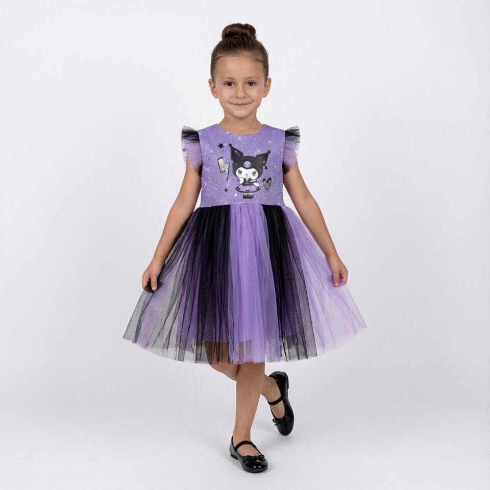 Kız Çocuk Mor Tüllü Baskılı Elbise – Özel Gün ve Doğum Günü Elbisesi