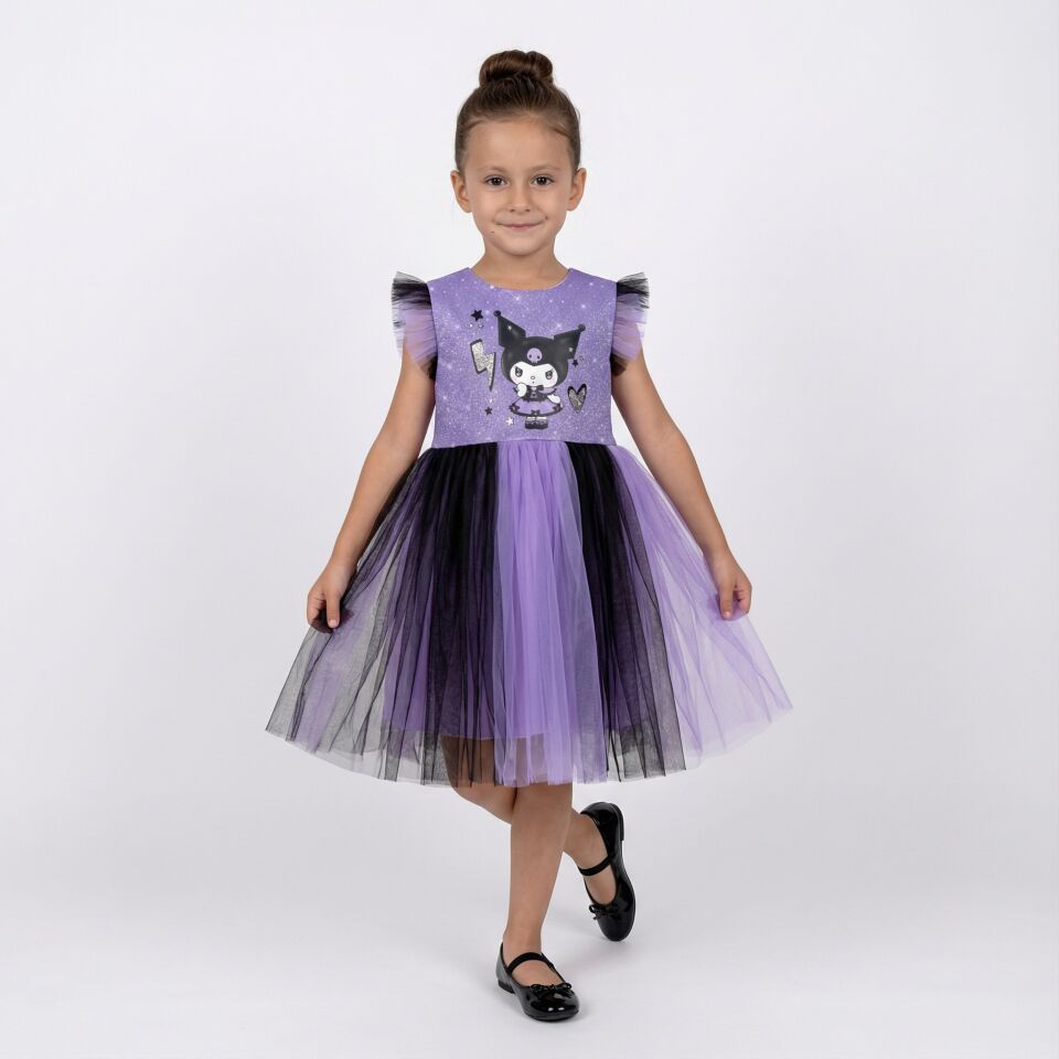 Kız Çocuk Mor Tüllü Baskılı Elbise – Özel Gün ve Doğum Günü Elbisesi