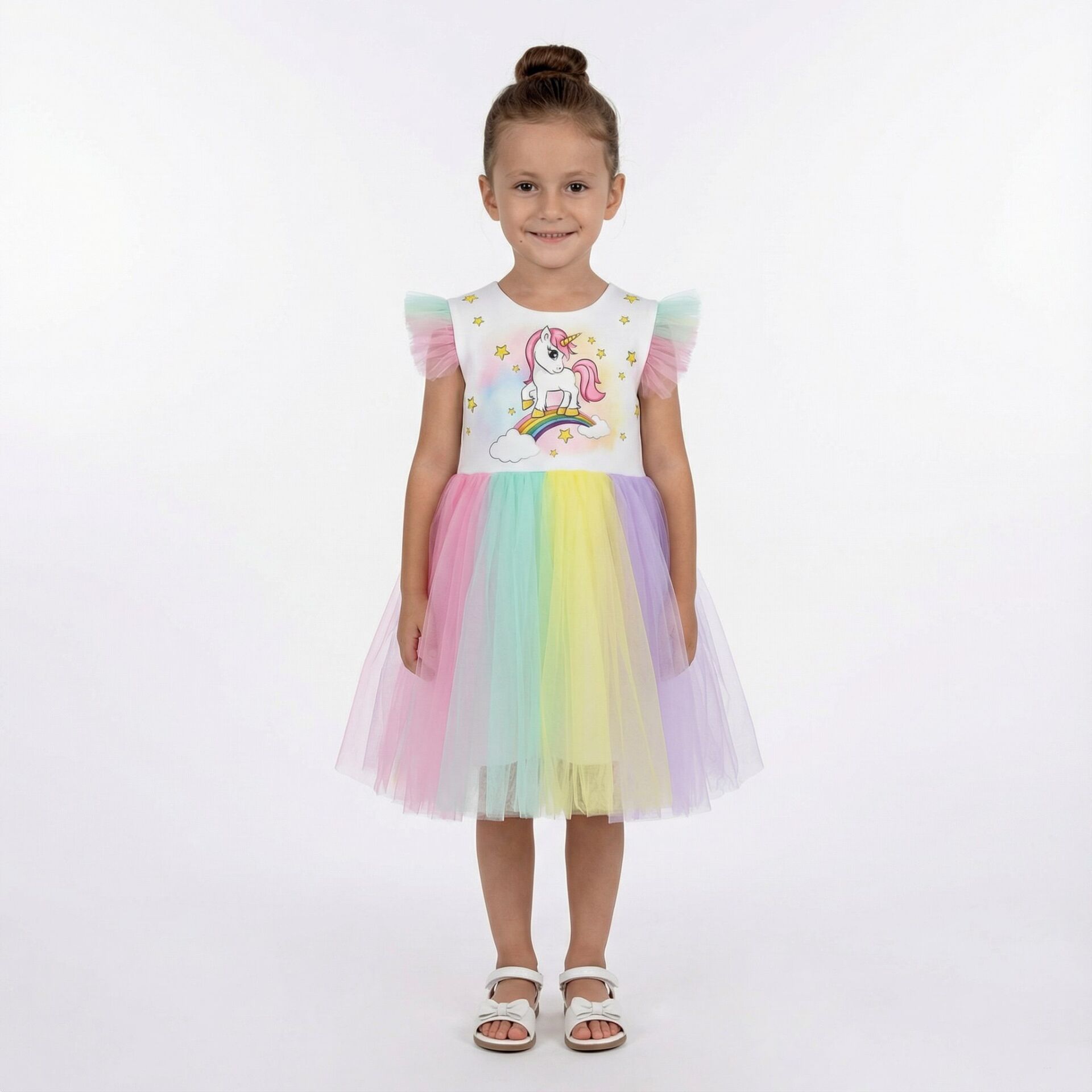 Kız Çocuk Unicorn Baskılı Gökkuşağı Tüllü Elbise