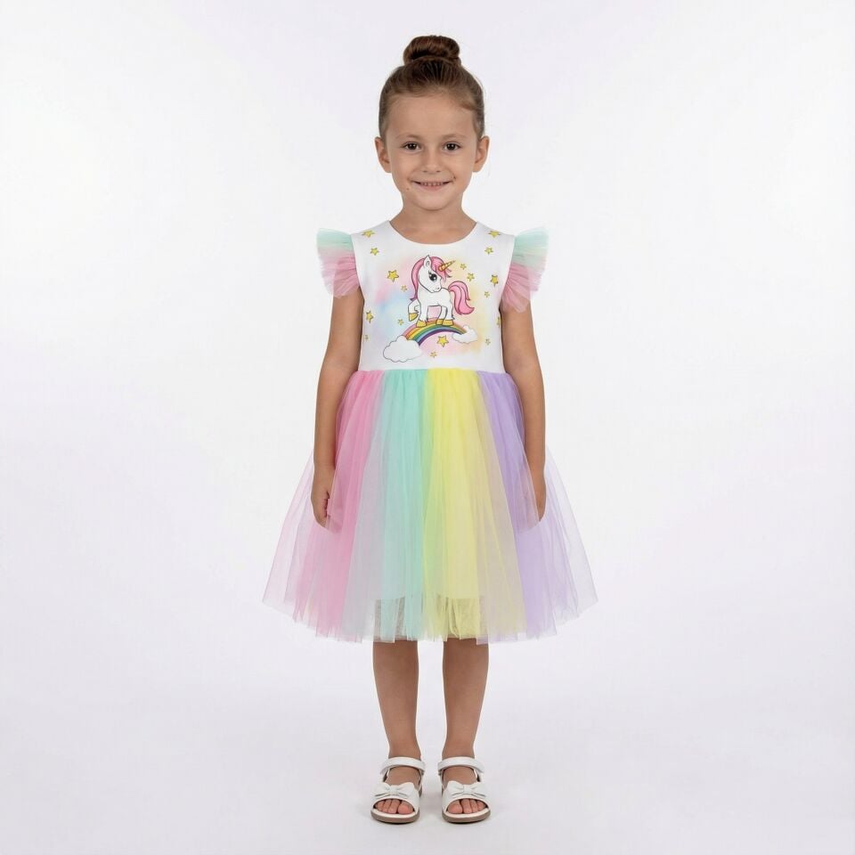 Kız Çocuk Unicorn Baskılı Gökkuşağı Tüllü Elbise