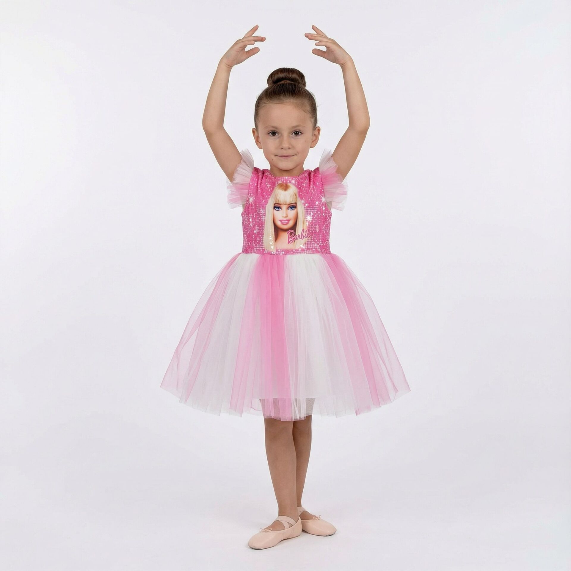Kız Çocuk Barbie Baskılı Pembe Tüllü Elbise – Özel Gün ve Parti Elbisesi