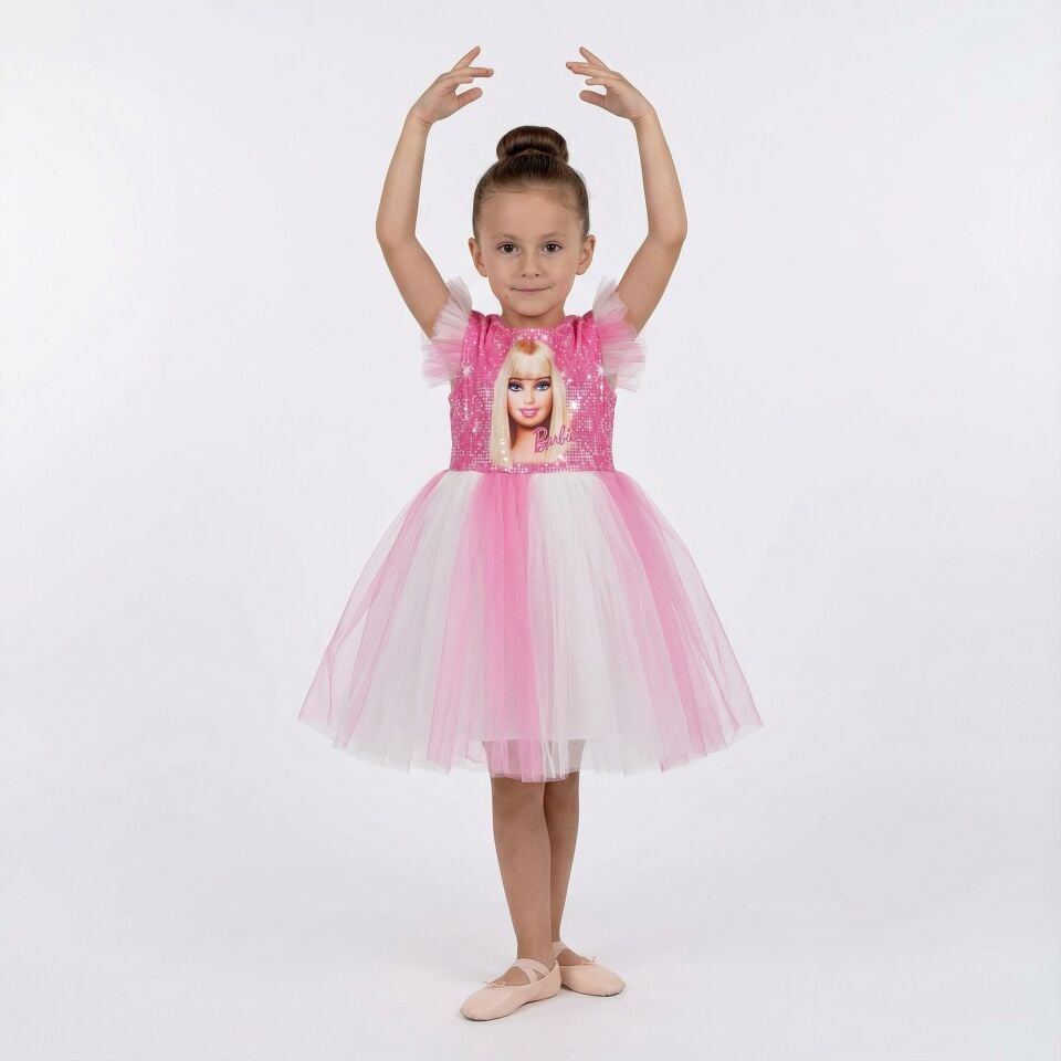Kız Çocuk Barbie Baskılı Pembe Tüllü Elbise – Özel Gün ve Parti Elbisesi