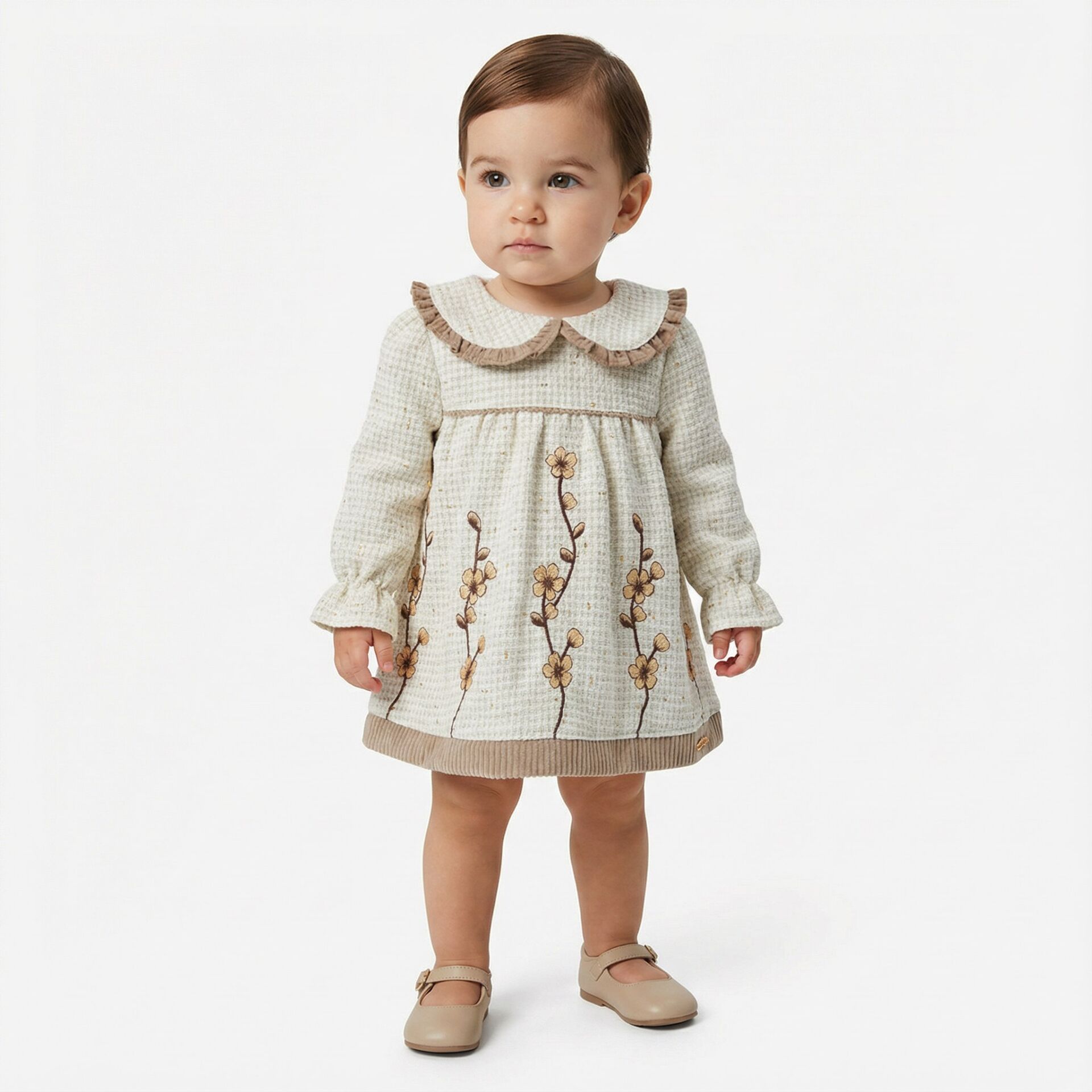 Çiçek Nakışlı Yakalı Kız Bebek Elbisesi – Uzun Kollu Şık Bebek Elbise