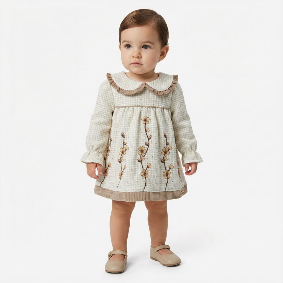 Çiçek Nakışlı Yakalı Kız Bebek Elbisesi – Uzun Kollu Şık Bebek Elbise