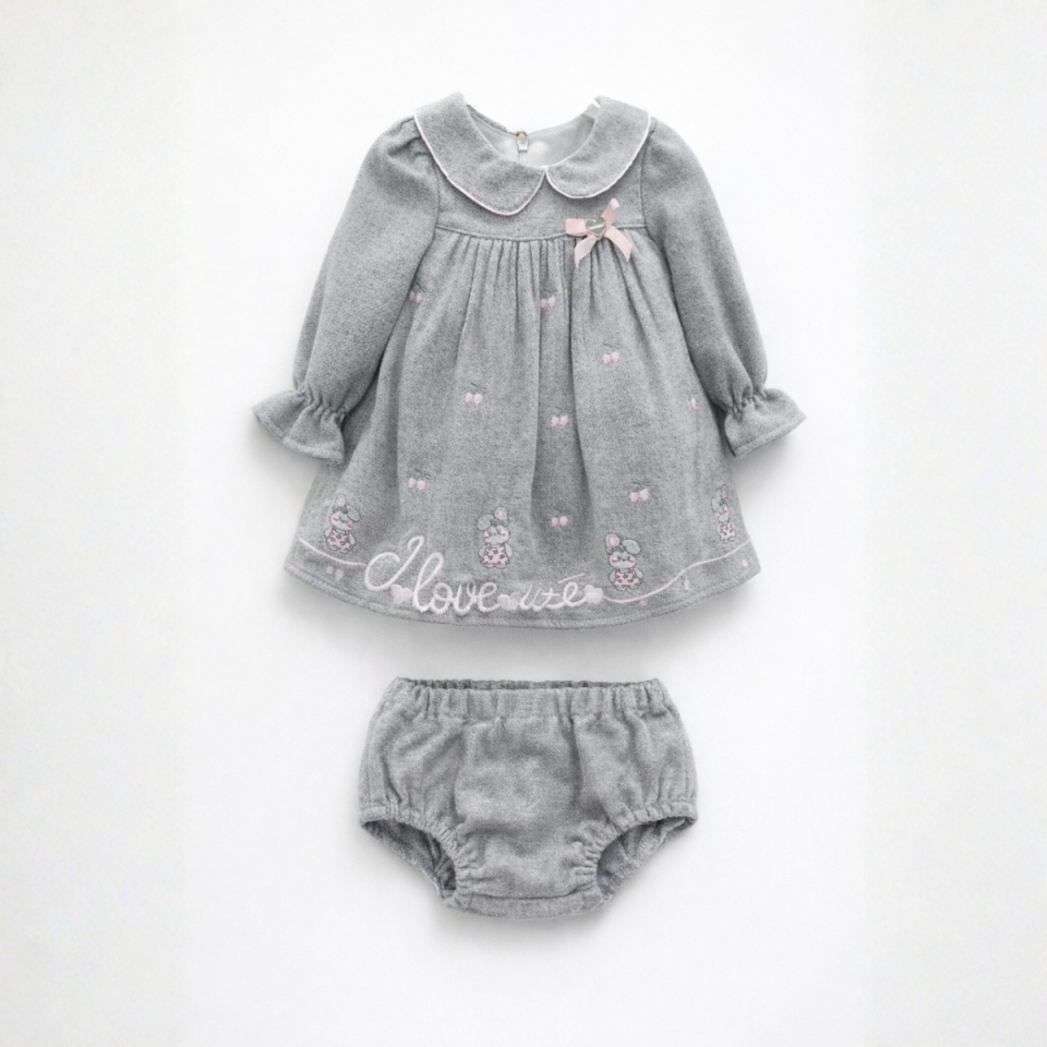 Kız Bebek Gri Uzun Kollu Fiyonklu Elbise + Külot– Sevimli Tavşan Desenli Rahat Bebek Elbisesi