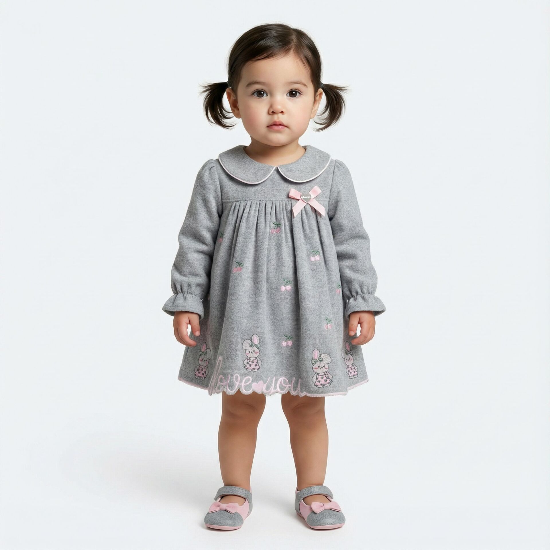 Kız Bebek Gri Uzun Kollu Fiyonklu Elbise + Külot– Sevimli Tavşan Desenli Rahat Bebek Elbisesi