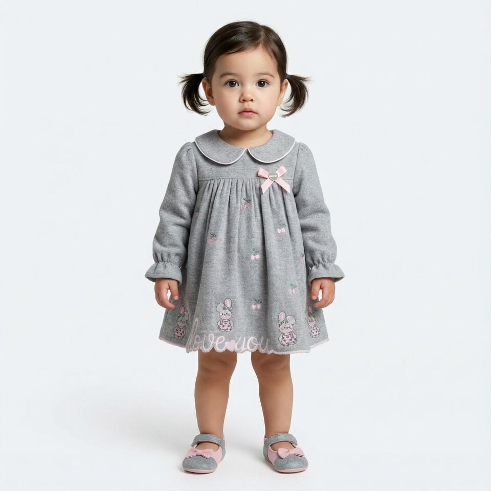 Kız Bebek Gri Uzun Kollu Fiyonklu Elbise + Külot– Sevimli Tavşan Desenli Rahat Bebek Elbisesi