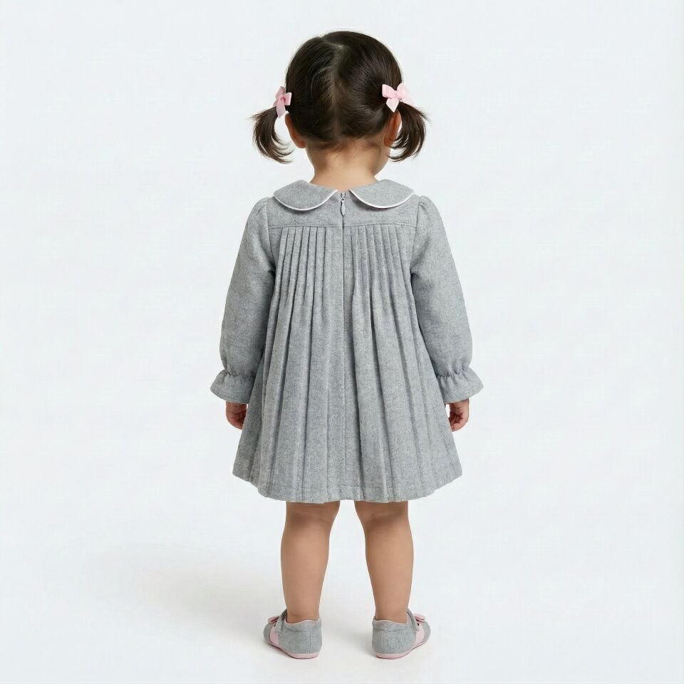 Kız Bebek Gri Uzun Kollu Fiyonklu Elbise + Külot– Sevimli Tavşan Desenli Rahat Bebek Elbisesi