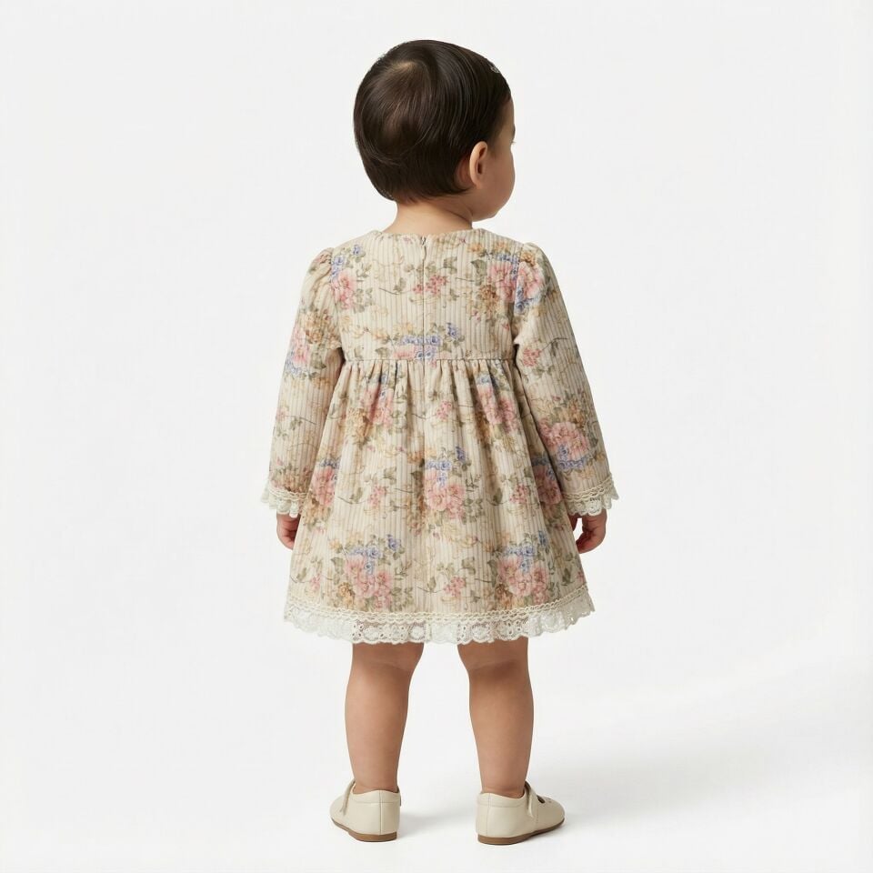 Kız Bebek %100 Pamuk Dantel Detaylı Çiçek Desenli Elbise
