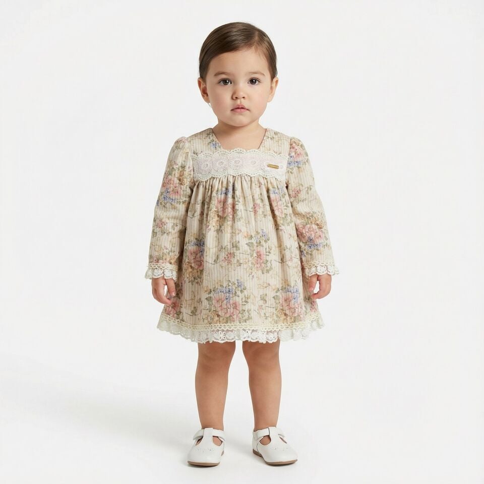 Kız Bebek %100 Pamuk Dantel Detaylı Çiçek Desenli Elbise