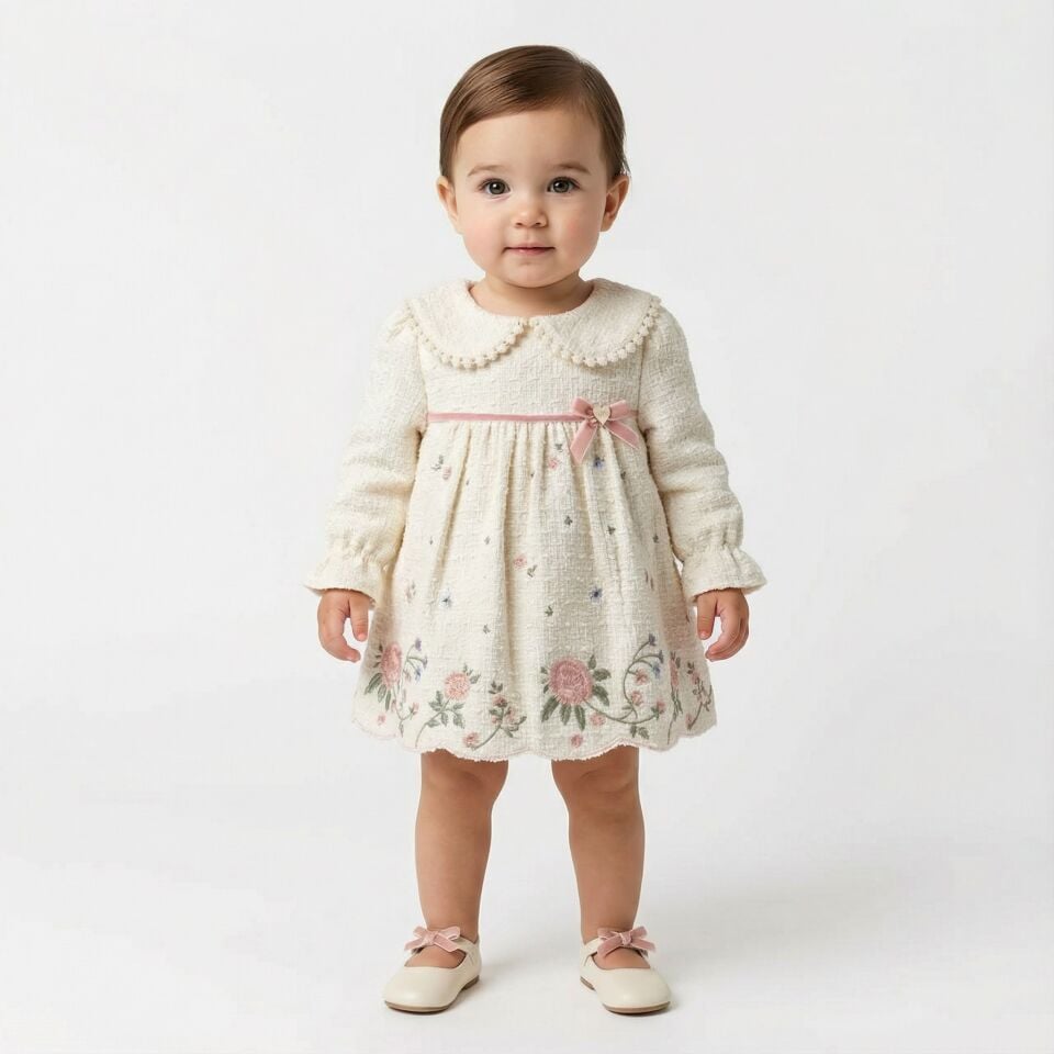 Kız Bebek Çiçek Desenli Uzun Kollu Pamuk Elbise