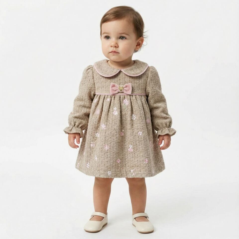 Kız Bebek Fiyonk Detaylı Uzun Kollu Elbise – Özel Gün ve Günlük Kullanım