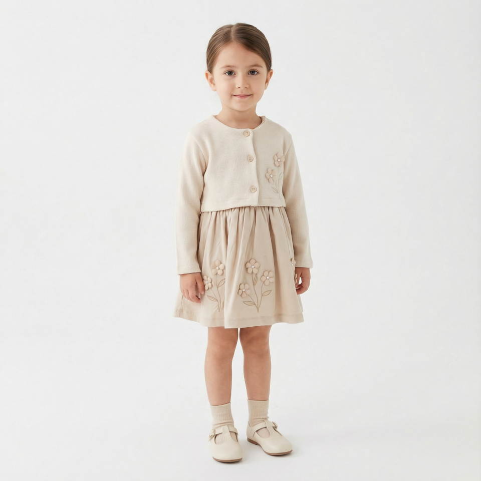 Çiçek Detaylı Hırkalı Kız Çocuk Elbisesi