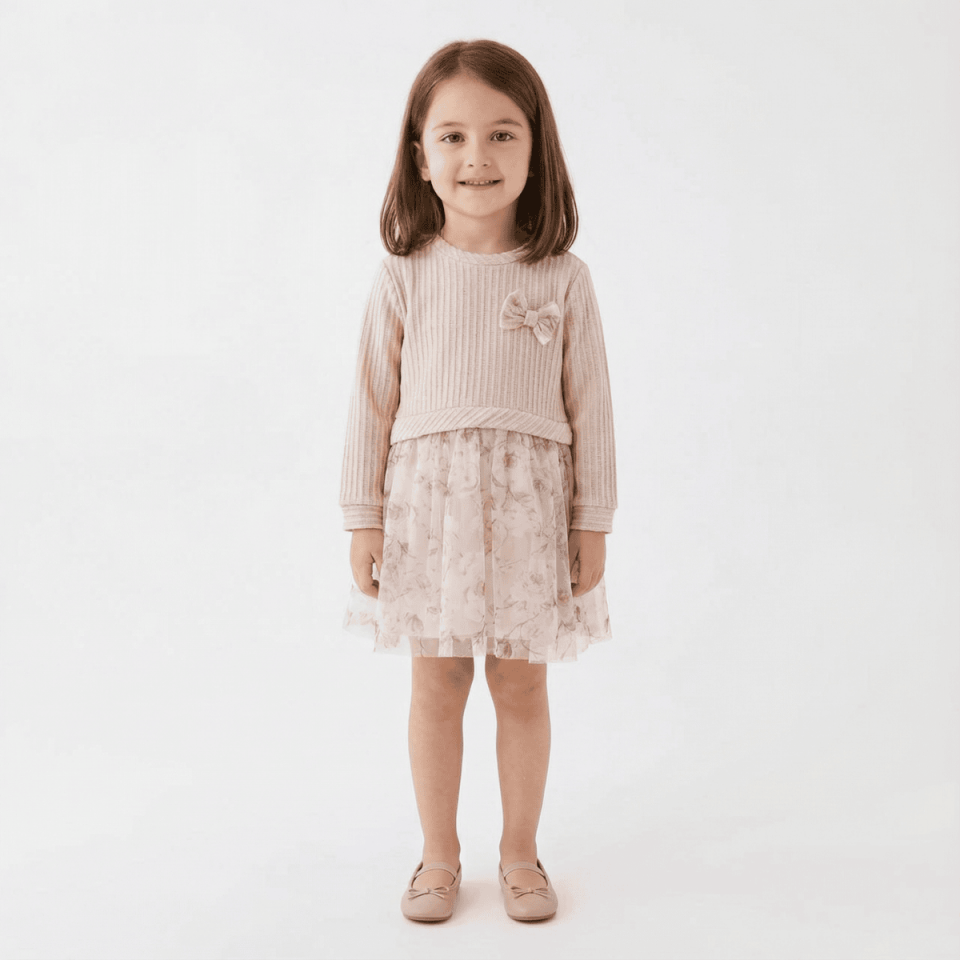 Fiyonk Detaylı Tüllü Kız Çocuk Elbisesi