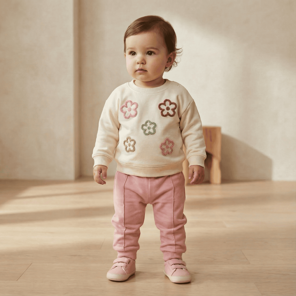 Çiçek Nakışlı Bebek Sweatshirt ve Pantolon Takımı %100 Pamuk