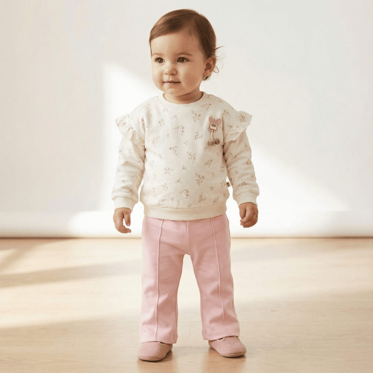 Fırfır Detaylı Çiçek Desenli Bebek Sweatshirt ve Pantolon Takımı %100 Pamuk