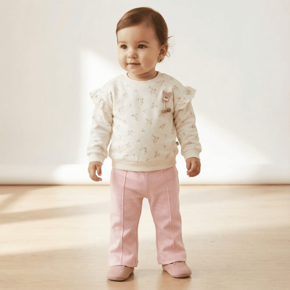 Fırfır Detaylı Çiçek Desenli Bebek Sweatshirt ve Pantolon Takımı %100 Pamuk