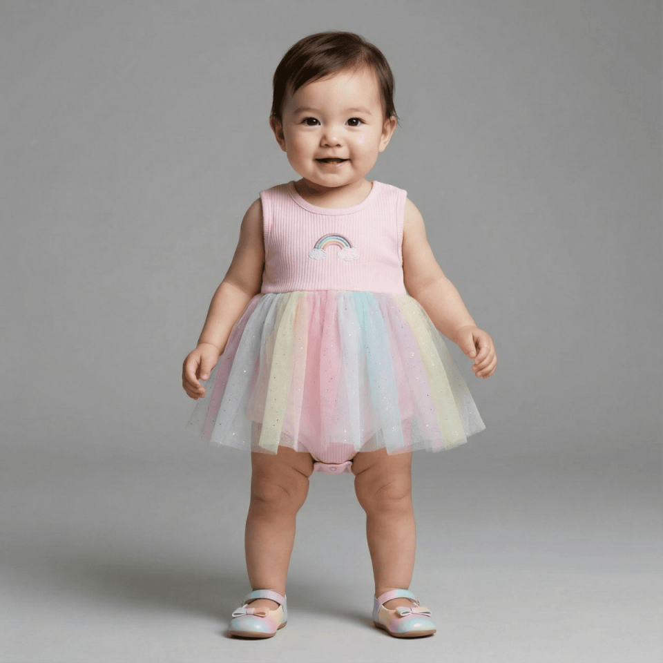 Gökkuşağı Nakışlı Kız Bebek Tül Elbise
