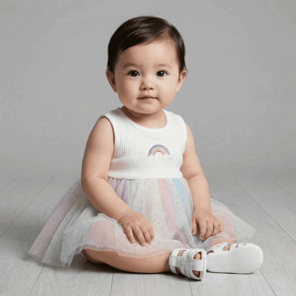 Gökkuşağı Nakışlı Kız Bebek Tül Elbise 6 Ay - Beyaz