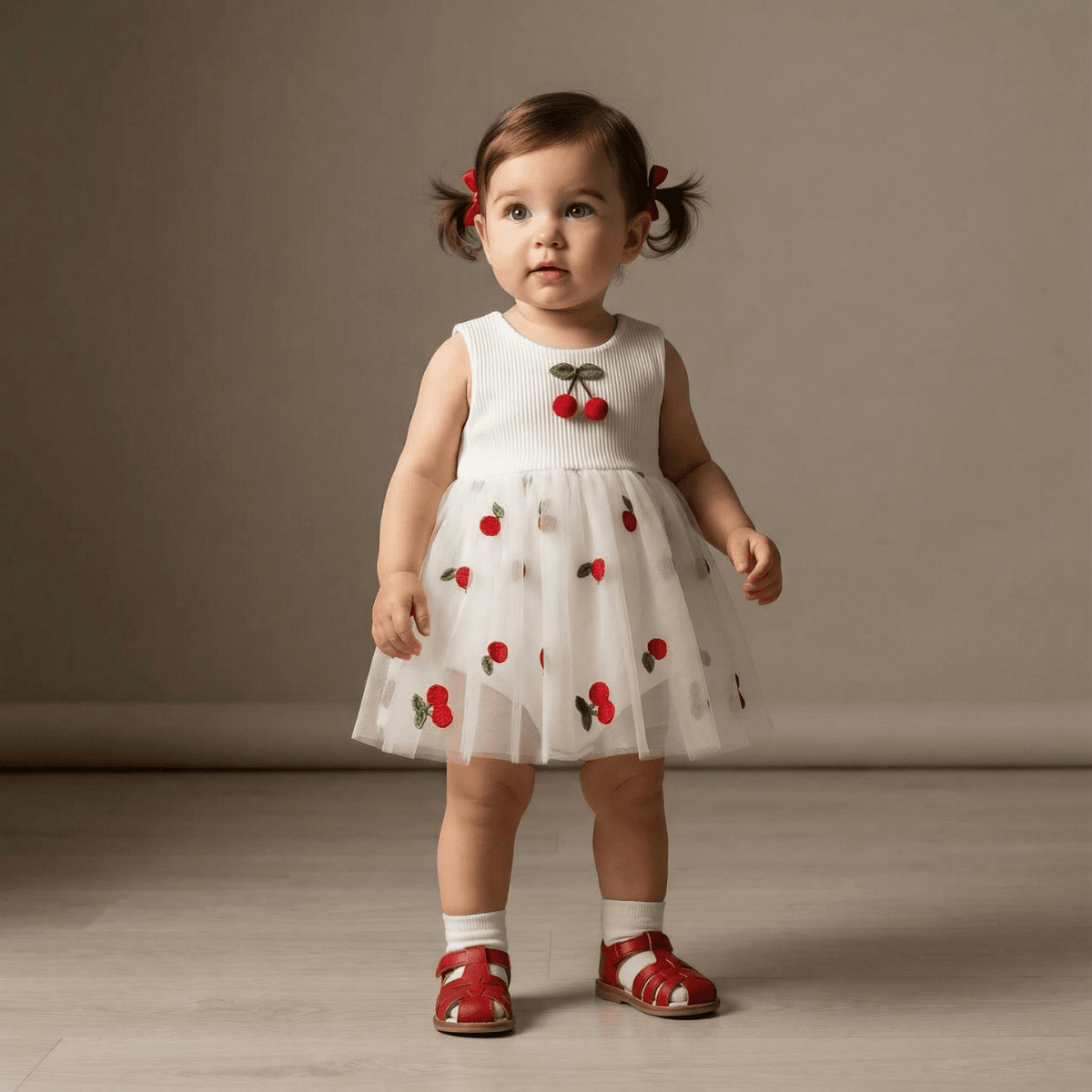 Kiraz Detaylı Kız Bebek Tül Elbise Body