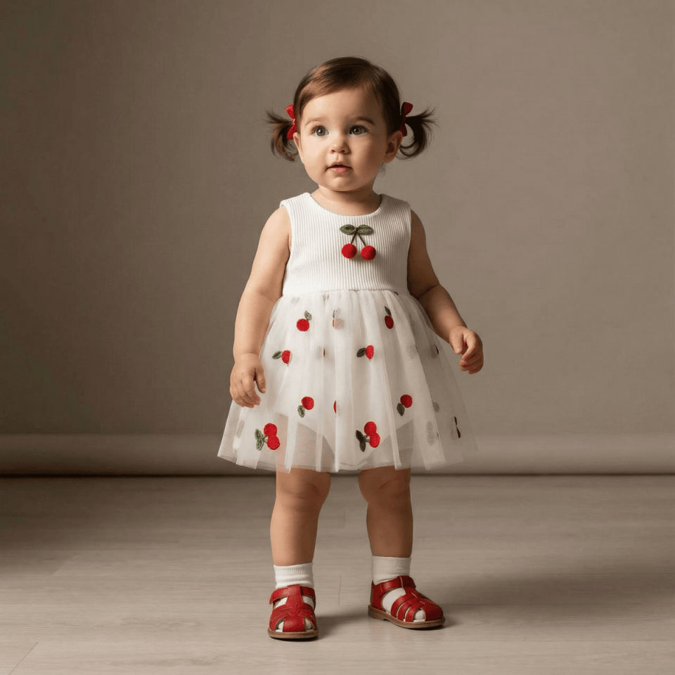 Kiraz Detaylı Kız Bebek Tül Elbise Body