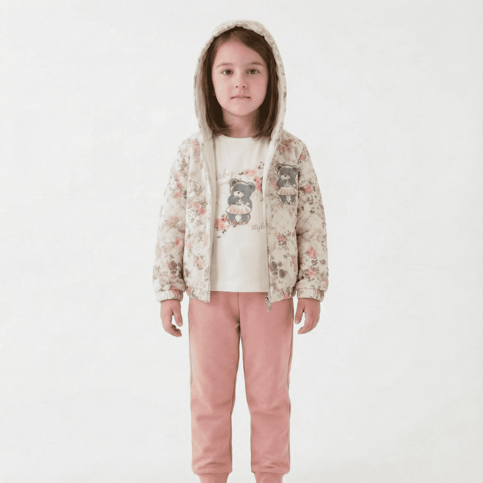 Ayıcık Baskılı Kız Çocuk 3’lü Kapüşonlu Eşofman Takımı