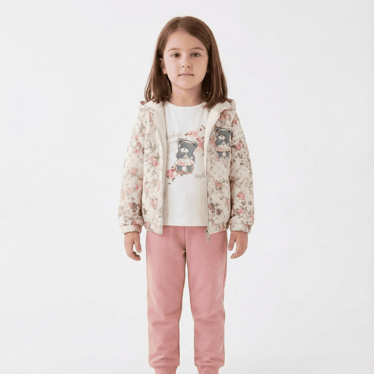 Ayıcık Baskılı Kız Çocuk 3’lü Kapüşonlu Eşofman Takımı