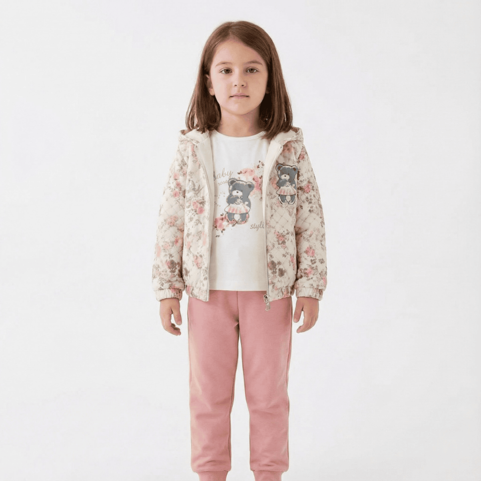 Ayıcık Baskılı Kız Çocuk 3’lü Kapüşonlu Eşofman Takımı