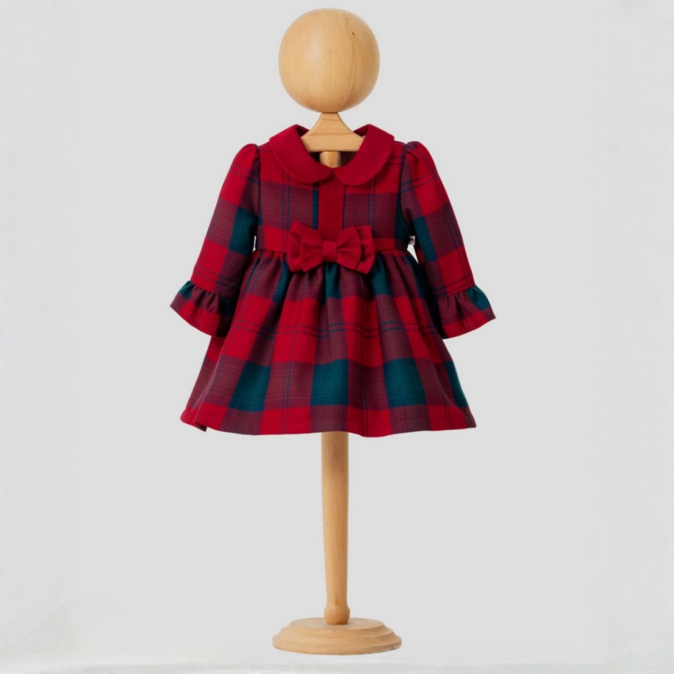 Kız Bebek Kırmızı Ekose Fiyonklu Uzun Kollu Elbise.jpg