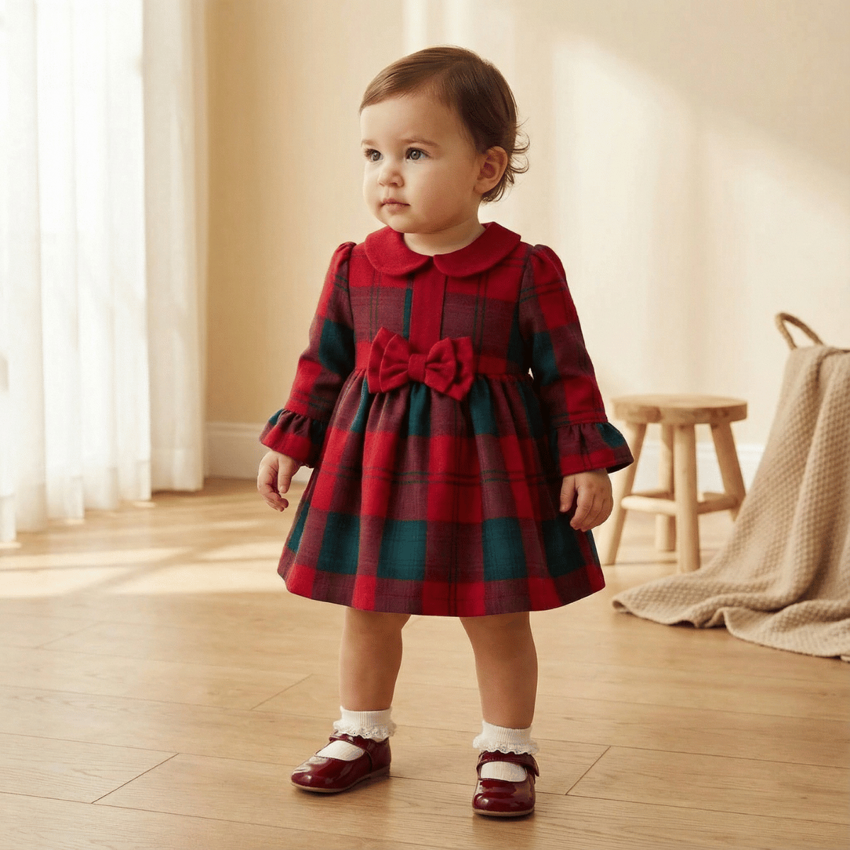 Kız Bebek Kırmızı Ekose Fiyonklu Uzun Kollu Elbise.jpg